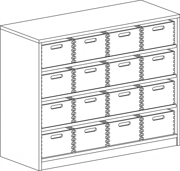 Korpusregal mit 16 Holzkästen